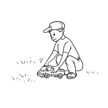 Vector sketch little boy rolls toy lorry car on their haunches. Active play Stock Illustration