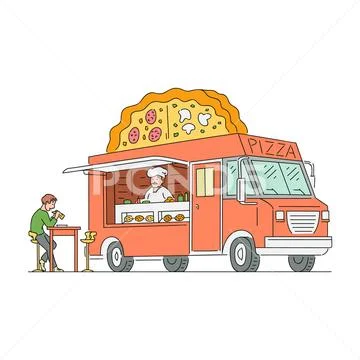 Vector sketch man eat pizza in pizza van Stock Illustration