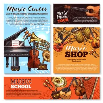 Vector sketch musical instruments shop posters Ilustración de archivo