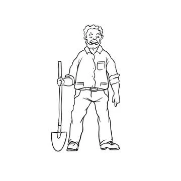 Vector sketch oldster farmer or gardener. Man worker with shovel. Drawn contour Stock Illustration