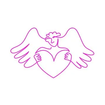 Vector sketch by one line of cupid with heart. Valentine's Day. Illustration