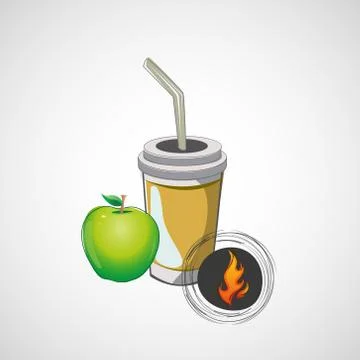 Vector sketch paper cup with straw and apple Stock Illustration