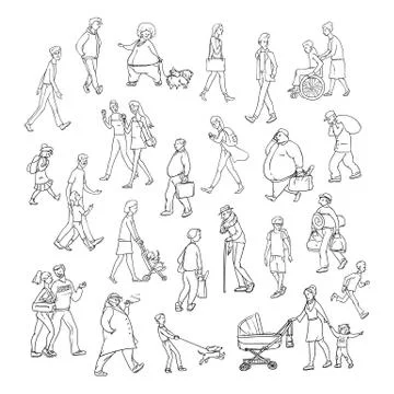 Vector sketch people walk down street. Children and adults characters different Stock Illustration