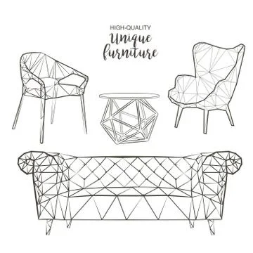 Vector sketch polygonal chairs sofa coffee table Illustrazione stock