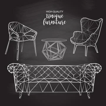 Vector sketch polygonal chairs sofa coffee table Stock Illustration