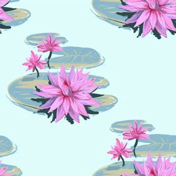 Vector sketch realistic seamless pattern of lotus flowers and leaves isolated on Stock Illustration