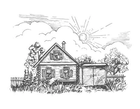 Vector sketch of a rustic log house with a garden and a gate under the sun drawn 库存插图