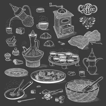 Vector sketch set Arabic coffeepot, vintage coffee grinder, Oriental sweets Stock Illustration