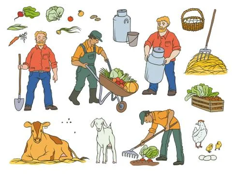Vector sketch set coloured isolated illustration of farmers and farm animals. Stock Illustration