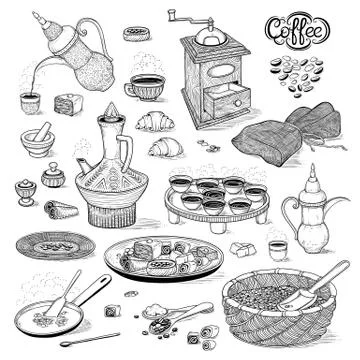 Vector sketch set drawing Arabic cup and coffeepot, vintage coffee grinder Stock Illustration