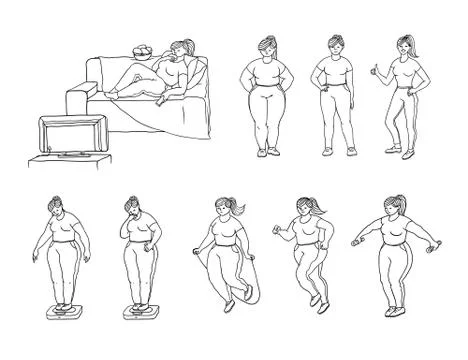 Vector sketch set illustration of how a fat girl loses weight. Young woman Stock Illustration