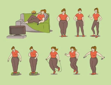 Vector sketch set illustration of how a fat girl loses weight. Young woman Stock Illustration
