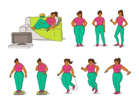 Vector sketch set illustration of how fat black girl loses weight. Young woman Stock Illustration