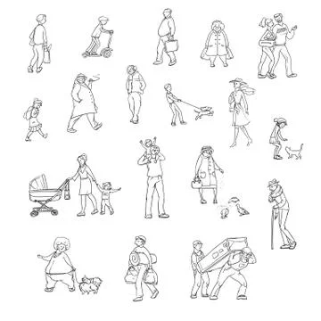 Vector sketch set of illustrations walking urban characters Stock Illustration