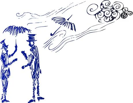 Vector sketch of two men in top hats under an umbrella in the rain and wind,  Stock Illustration