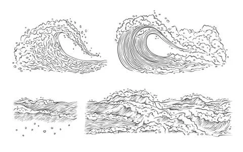 Vector sketch waves sea ocean. Big and small splash with foam and bubbles Stock Illustration