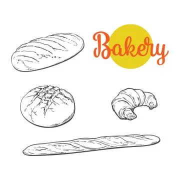 Vector sketch white loaf bread, Croissant set Stock Illustration