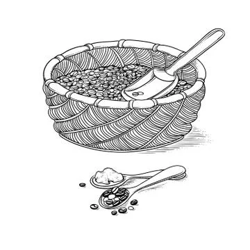 Vector sketch wicker basket with grain and shovel iIllustration black and white Stock Illustration