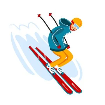 Vector skier cartoon flat style. Man in the ski resort. Winter sport activity Stock Illustration