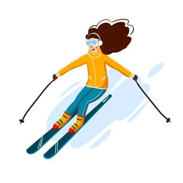 Vector skiers cartoon flat style. Woman in the ski resort. Winter sport activity Stock Illustration