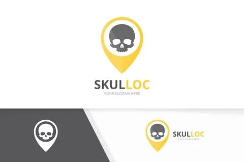 Vector skull and map pointer logo combination. Dead and gps locator symbol or Illustrazione stock