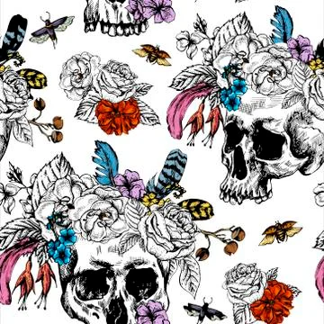 Vector Skull, Flowers Day of The Dead, Black and white Stock Illustration