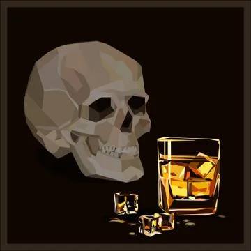 Vector skull, glass of whiskey and icecubes Stock Illustration