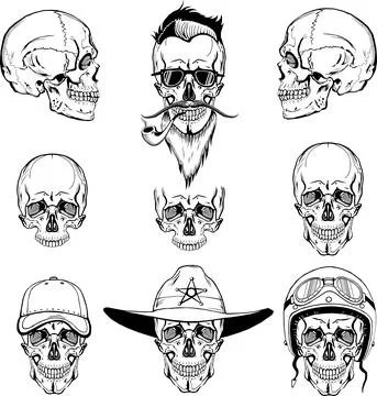 Vector skulls set, monogram, graphic illustration, side and front view, clip art Stock Illustration
