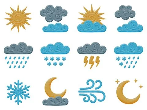 Vector sky set of sun, moon, rain, curly clouds Stock Illustration