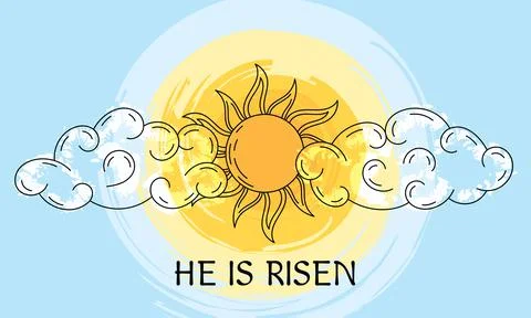 Vector sky, sun and clouds with the inscription he is risen. Linart with paint 库存插图