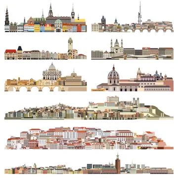 Vector skylines of old historic part of cities Illustrazione stock