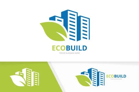 Vector skyscraper and leaf logo combination. House and eco symbol or icon Stock Illustration
