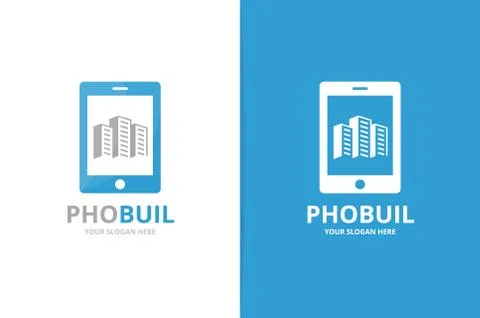 Vector skyscraper and phone logo combination. House and mobile symbol or icon Stock Illustration