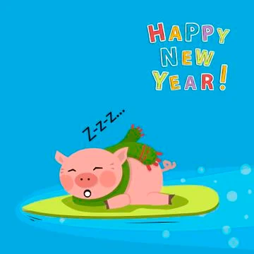 Vector sleeping cut pig with a green scarf isolated on blue background Stock Illustration