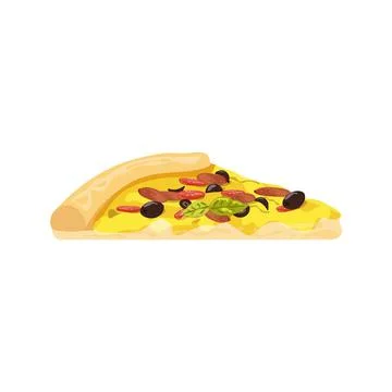Vector slice of pizza with olives, tomatoes and pepperoni. Fast food illustra Stock Illustration