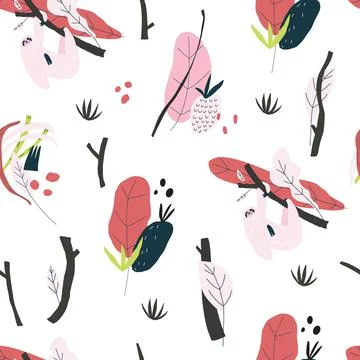 Vector sloth, plants, leaves, snags print Stock Illustration