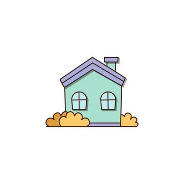 Vector small blue house with two windows and a door icon. Vector House with Stock Illustration