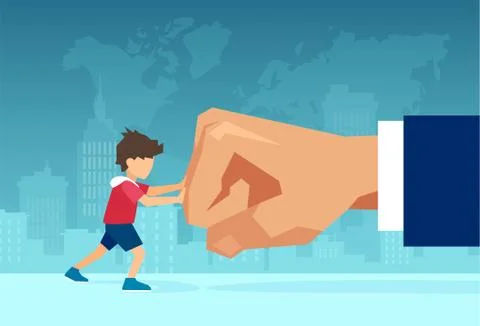 Vector of a small boy fighting back a giant fist, protecting himself from dom Stock Illustration