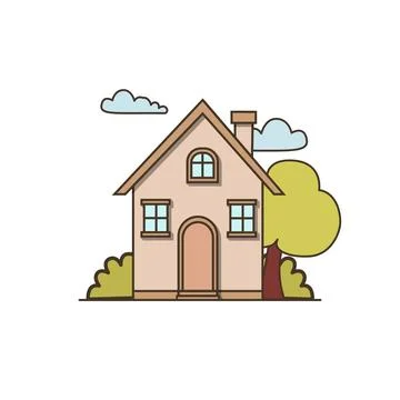 Vector small cozy house with a chimney icon. Vector house with three windows, a Illustrazione stock