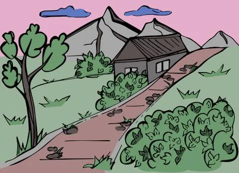 Vector small house in the mountains. Stock Illustration