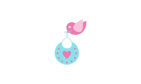 Vector of small pink bird holding blue baby bib Stock Illustration