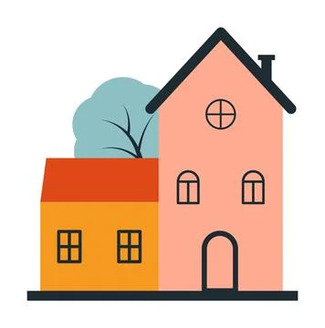 Vector small yellow house with a large pink house next to it and a tree in the 스톡 일러스트