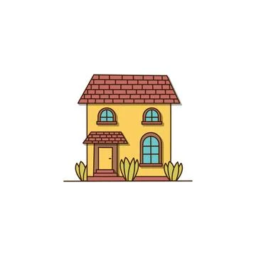 Vector small yellow house with three bushes icon. Vector house with a red roof Stock Illustration