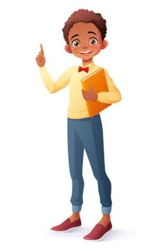 Vector smart African boy index finger pointing up with idea. Stock Illustration