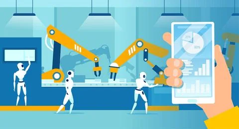 Vector of a smart factory with robots working on assembly line Ilustración de archivo