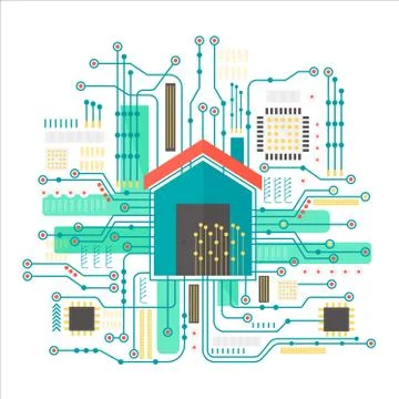 Vector smart home concept. Smart home in microchip pathways futuristic Stock Illustration