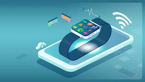 Vector of a smart phone with wearable device smart watch on top of it Stock Illustration