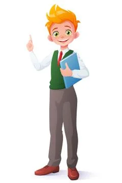 Vector smart school boy index finger pointing up with idea. Stock Illustration
