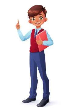 Vector smart smiling schoolboy index finger pointing up with idea. Stock Illustration