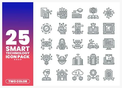 Vector smart technology icons collection featuring AI. cybersecurity. and a.. Stock Illustration